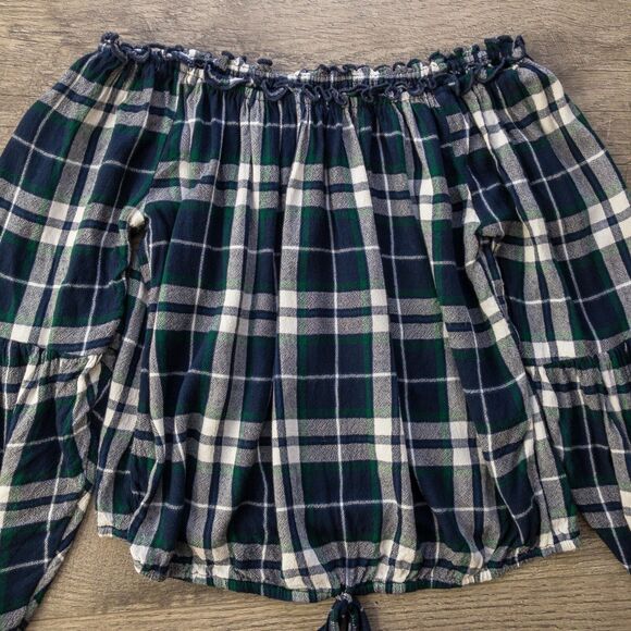 Hollister Cropped Off-Shoulder Top Blouse Blue Plaid Size Small - Picture 8 of 11